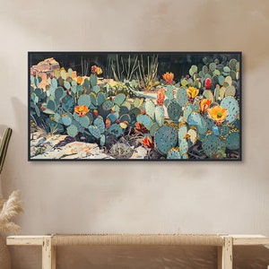 Cactus du sud-ouest de la peinture - oeuvre d'art murale occidentale - décoration vintage du désert - art du milieu du siècle - toile encadrée ou impression giclée - « PICKLY PETALS »