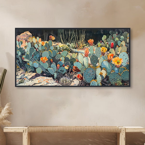 Southwestern Cactus Painting - Western Wall Art - Vintage Desert Decor - Midcentury Art - Framed Canvas or Giclée Print - "PRICKLY PEDALS"