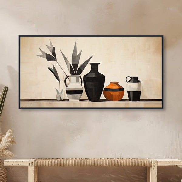 Nature morte du sud-ouest des États-Unis - décoration occidentale moderne - poterie beige et noire - toile encadrée ou impression giclée - « OMBRE DU DÉSERT »