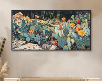 Southwestern Cactus Painting - Western Wall Art - Vintage Desert Decor - Midcentury Art - Framed Canvas or Giclée Print - "PRICKLY PEDALS"