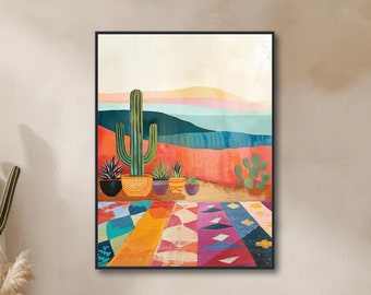 Southwestern Wall Art - Desert Cactus Landscape Painting - Minimal Pastel Western Decor - Framed Canvas or Giclée Print - "HILLTOP VISTA"