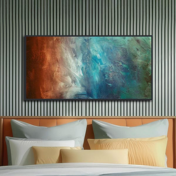 Large Abstract Canvas Print – Teal, Green, Rust Panoramic Artwork