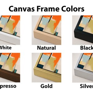 a collection of six different canvas frame colors, each corresponding to a different type of wood finish: white, natural, black, espresso, gold, and silver.