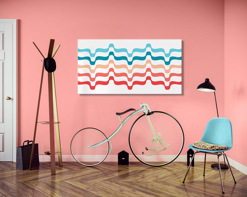 Coral and Teal Wall Art Home Decor Canvas Print Mid Century Etsy