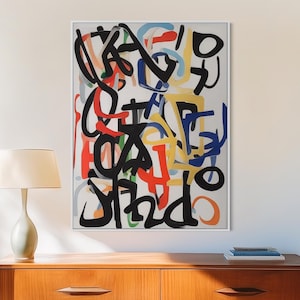 Art mural abstrait coloré - Grand dessin au trait contemporain - Impression sur toile encadrée - Tableau expressionniste abstrait moderne - "NOTABLE 2"
