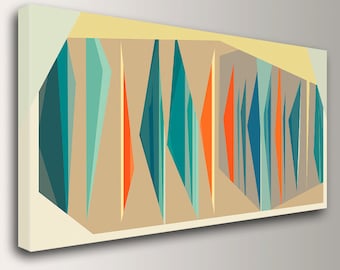 Mid Century Modern Art in Teal and Orange Large Canvas Print Geometric Wall Art  Vintage Modern Wall Decor " Multiplex Panorama "