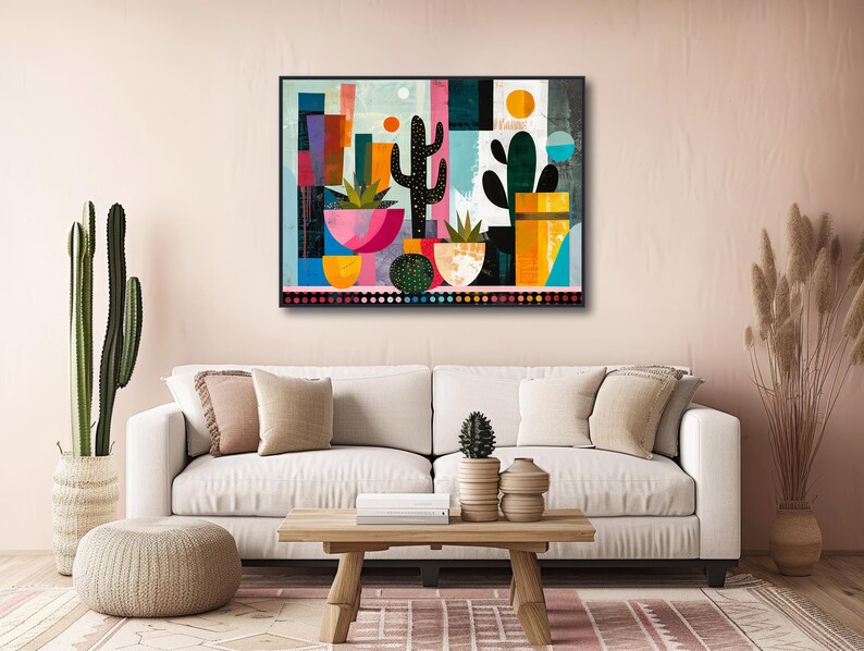a living room with a white couch and a painting on the wall