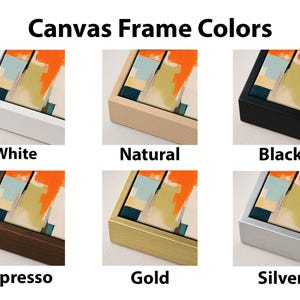 a collection of six different canvas frame colors, each corresponding to a different type of wood finish: white, natural, black, espresso, gold, and silver.