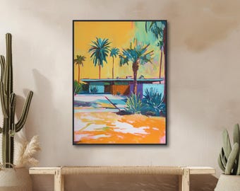 Mid-Century Architecture Art - Palm Springs Retro Painting - Vintage Wall Art - Midcentury Modern - Canvas Giclée Print - "PARADISE PALMS"
