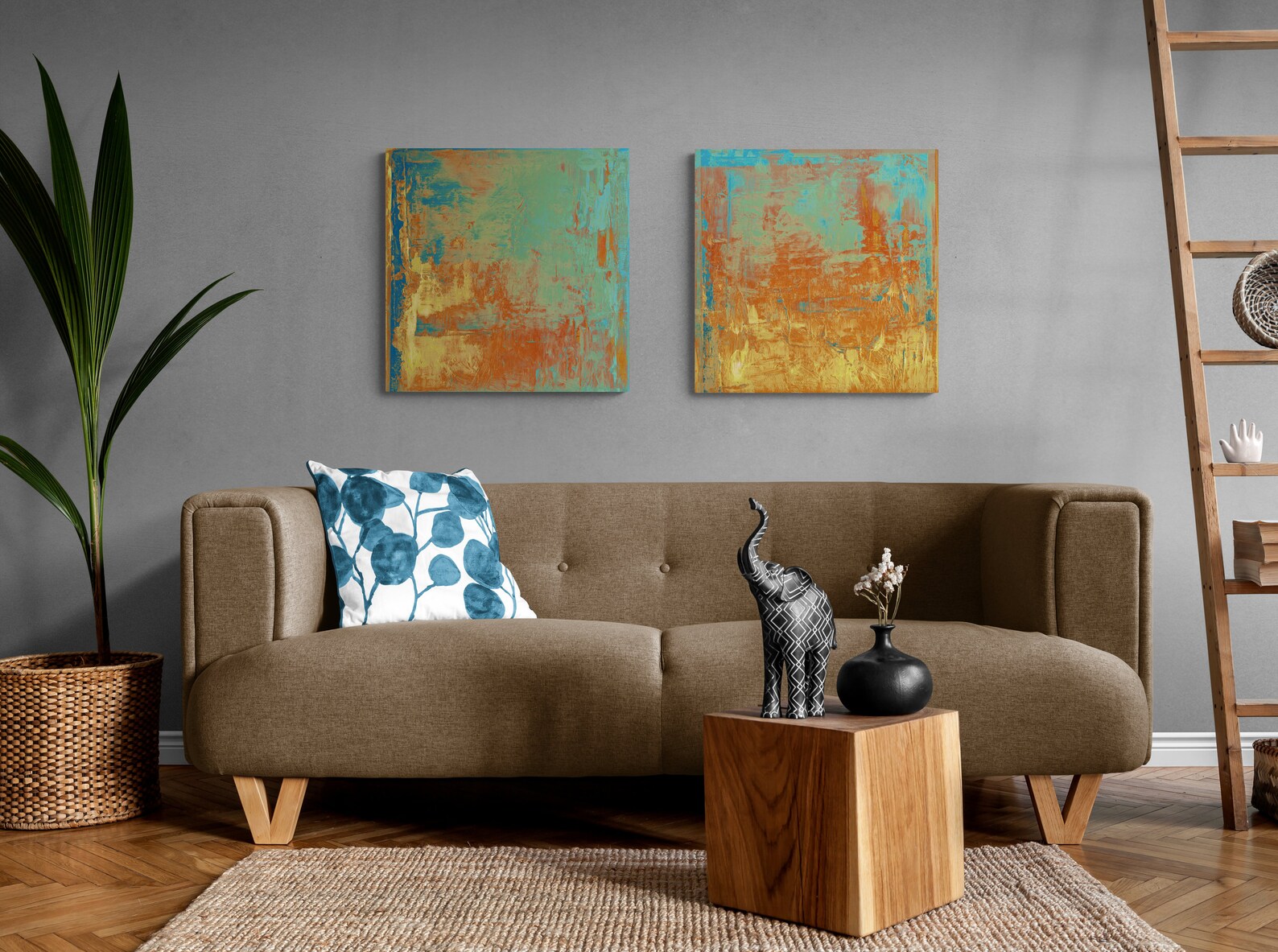 Teal and Orange Abstract Art Canvas Art Set Orange Wall Art Etsy