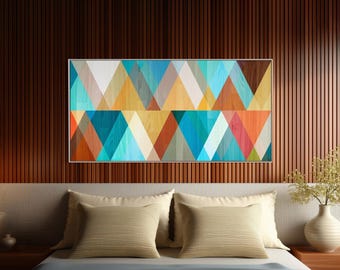 Mid Century Modern Artwork - Framed Canvas Print - Mid-Century Wall Art - Large Geometric Artwork -  Teal, Coral and Yellow -  &quot;Juxtaposed&quot;