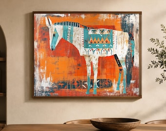 May include: A framed wall art print featuring a stylized donkey in white and teal with geometric patterns on its back. The animal is set against a vibrant, textured orange background with visible brushstrokes and distressed paint effects.