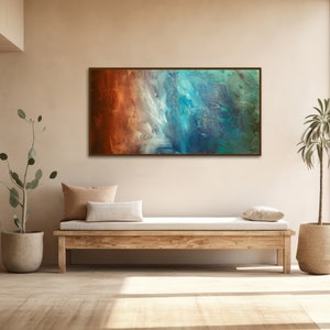 Large Abstract Canvas Wall Art Framed Canvas Print Modern Abstract Painting Panoramic Artwork Teal, Green, Rust REFLECTION image 6