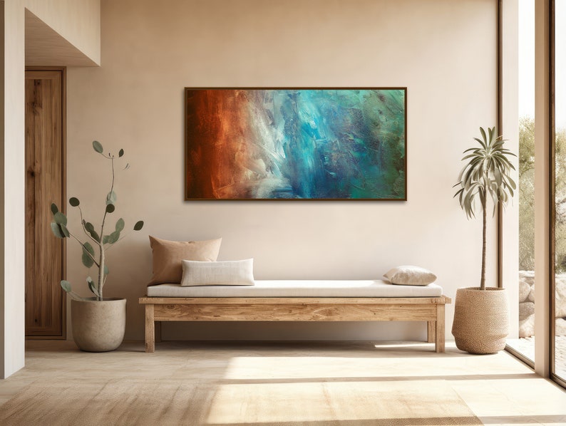 Large Abstract Canvas Wall Art Framed Canvas Print Modern Abstract Painting Panoramic Artwork Teal, Green, Rust REFLECTION image 6