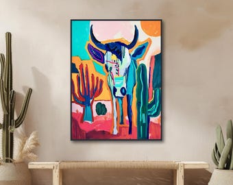 Western Abstract Bull Painting – Colorful Cactus Desert Wall Art (Framed Print)