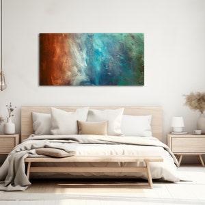 Large Abstract Canvas Wall Art Framed Canvas Print Modern Abstract Painting Panoramic Artwork Teal, Green, Rust REFLECTION image 4