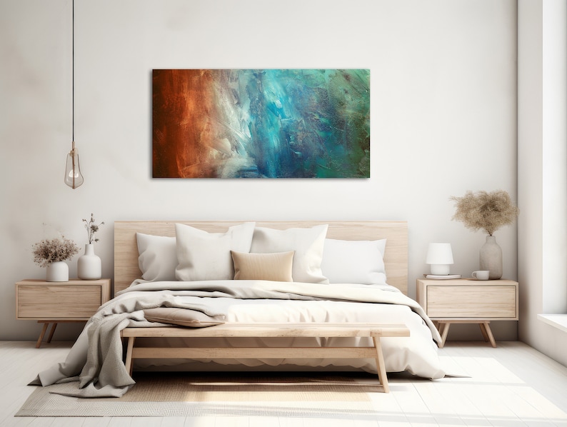 Large Abstract Canvas Wall Art Framed Canvas Print Modern Abstract Painting Panoramic Artwork Teal, Green, Rust REFLECTION image 4