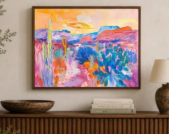 Western Desert Painting - Botanical Cactus Landscape - Southwest Decor - Midcentury Art - Framed Canvas or Giclée Print - "QUAIL RUN"