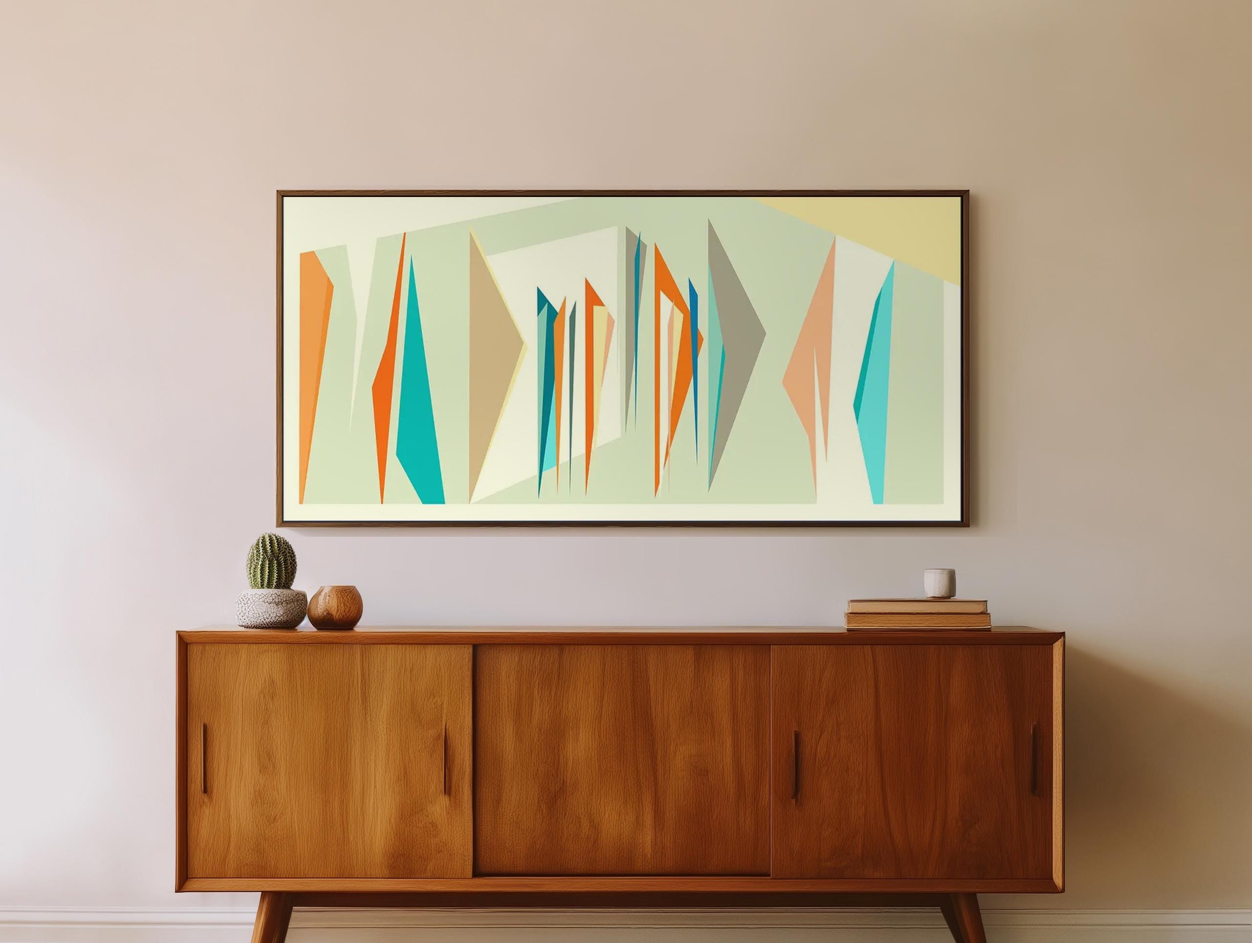 Large Mid-Century Canvas Wall Art - Framed Canvas Print - Geometric Abstract Panoramic Painting - Teal, Orange, Tan - "INTERMIX"