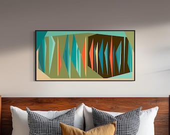Large Mid-Century Canvas Wall Art - Framed Canvas Print - Geometric Abstract Painting - Teal, Orange, Olive Green, Brown - &quot;Multiplex Dark&quot;