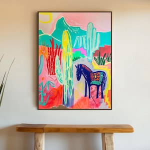 Southwestern Wall Art  - Colorful Western Decor - Abstract Donkey and Cactus Painting - Framed Canvas or Giclée Print - &quot;PONCHO&quot;