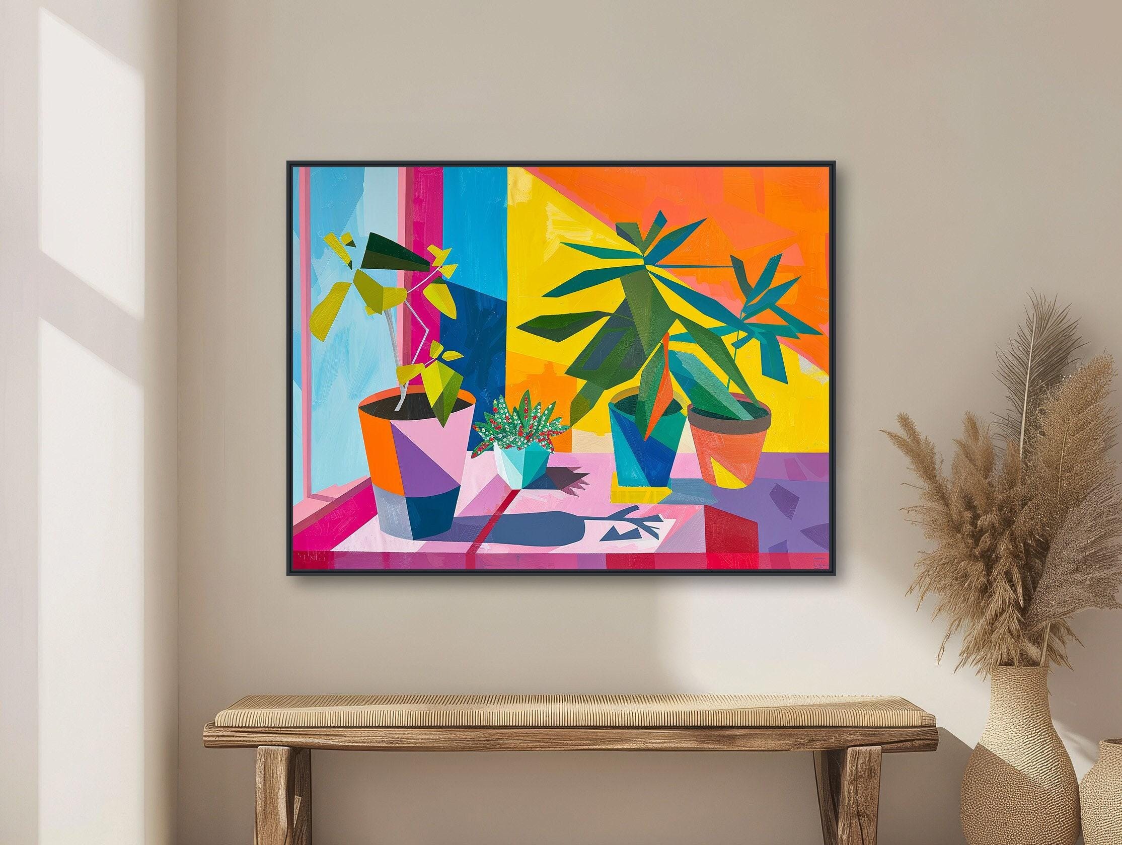 Pintura de naturaleza muerta botánica de mediados de siglo - Arte de pared bohemio colorido - Decoración de Palm Springs - Lienzo enmarcado o impresión giclée - "SUNSHINE GLOW"