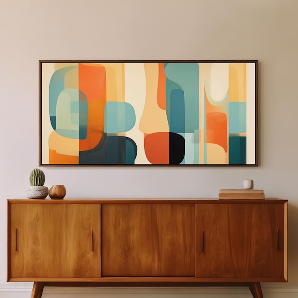 Large Mid-Century Modern Art - Retro Abstract Painting - Framed Canvas Print - Geometric Shapes - Orange, Teal, Beige -  "QUIET CONTOURS 2"