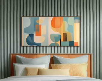 Gran cuadro abstracto moderno de mediados de siglo: formas geométricas, impresión sobre lienzo en tonos naranja, verde azulado y beige.