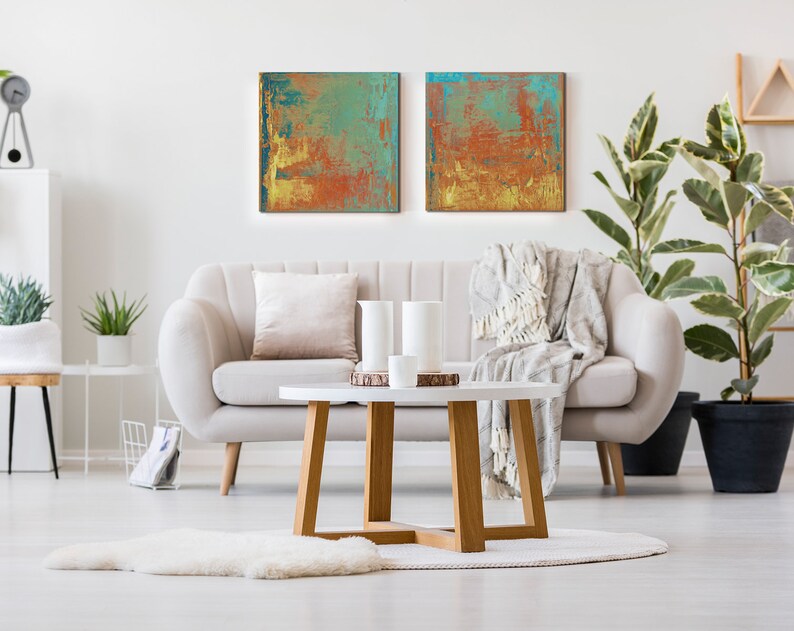 Teal and Orange Abstract Art Canvas Art Set Orange Wall Art - Etsy