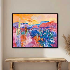Western Desert Painting - Botanical Cactus Landscape - Southwest Decor - Midcentury Art - Framed Canvas or Giclée Print - &quot;QUAIL RUN&quot;