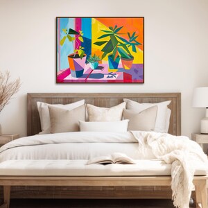 a bedroom with a bed and a painting on the wall