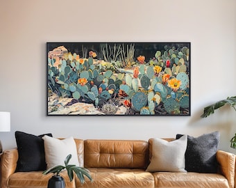 Southwestern Cactus Painting - Western Wall Art - Vintage Desert Decor - Midcentury Art - Framed Canvas or Giclée Print - &quot;PRICKLY PETALS&quot;