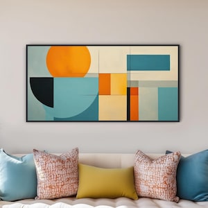 Large Geometric Minimal Wall Art - Framed Canvas Print - Mid-Century Modern Abstract Painting - Blue, Beige, Orange  - &quot;TRANQUIL BALANCE 2&quot;