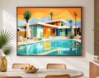 May include: A rectangular wall art print featuring a geometric, stylised illustration of a modern house with a swimming pool, palm trees, and mountains under an orange sky. The artwork uses a vibrant palette of turquoise, orange, and white.