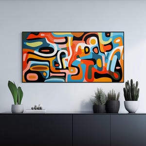 Mid-Century Modern Art - Retro Geometric Wall Art - Framed Canvas Print - Modern Abstract Painting - Bold Bright Colors  - "MODERN MOSAIC"