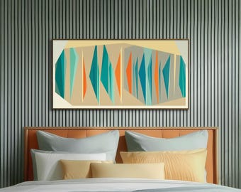 Large Mid-Century Canvas Wall Art - Framed Canvas Print - Geometric Abstract Panoramic Painting - Teal, Orange, Tan - &quot;MULTIPLEX LIGHT&quot;