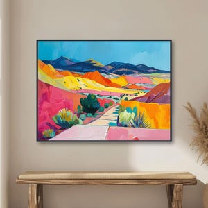 Western Desert Painting - Southwest Landscape Art - Colorful Mountain Decor - Midcentury Art - Framed Canvas or Giclée Print - &quot;HAPPY TRAIL&quot;