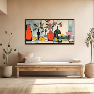 a room with a bench and a painting on the wall