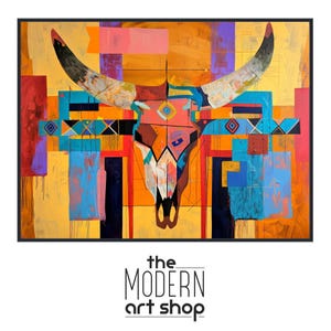 a painting of a bull's head on a colorful background