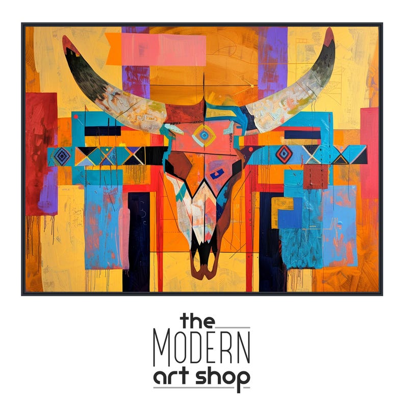 a painting of a bull's head on a colorful background