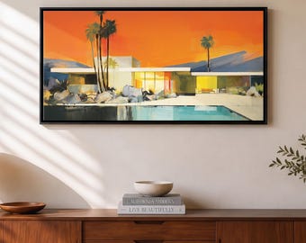 Mid-Century Architecture Art - Palm Springs Home Art  - Desert Abstract Painting - Mid Century -  Panoramic Canvas Print - "ATOMIC SUNSET"