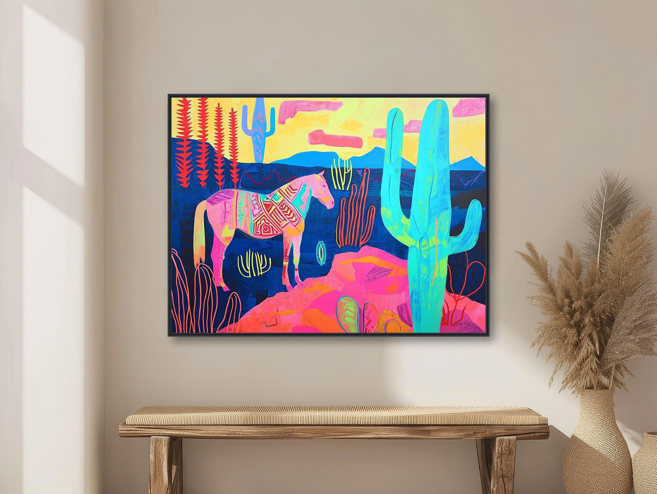 Southwestern Wall Art  - Colorful Western Decor - Horse and Saguaro Cactus Painting - Framed Canvas or Giclée Print - "HORSEPLAY"