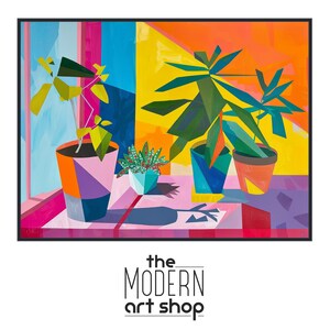 a painting of a potted plant in front of a window