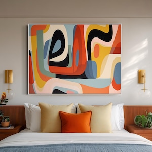 Mid-Century Modern Art - Retro Geometric Wall Art - Framed Canvas Print - Modern Abstract Painting - Bold Bright Colors  - "RETRO GROOVE"