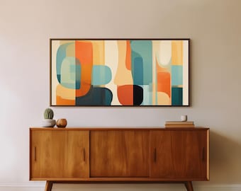 Large Mid-Century Modern Art - Retro Abstract Painting - Framed Canvas Print - Geometric Shapes - Orange, Teal, Beige -  "QUIET CONTOURS 2"