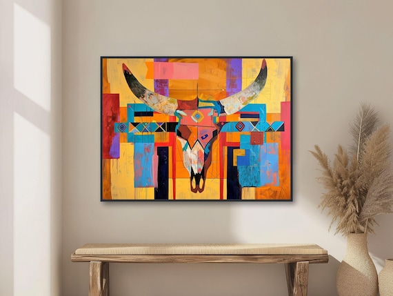 Cow Skull Painting - Southwestern Wall Art - Rustic Texas Decor - Colorful Cowboy Art - Framed Canvas Print - "WESTERN SPIRIT"