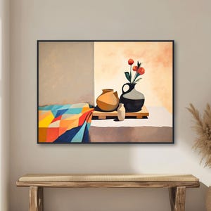 Southwestern Still Life Painting  - Modern Western Decor - Beige and Tan Pottery Art - Framed Canvas or Giclée Print - "ADOBE ROSE"