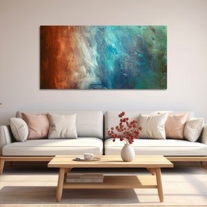 Large Abstract Canvas Wall Art Framed Canvas Print Modern Abstract Painting Panoramic Artwork Teal, Green, Rust REFLECTION image 5