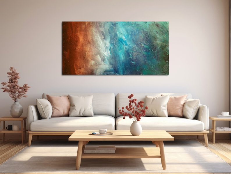 Large Abstract Canvas Wall Art Framed Canvas Print Modern Abstract Painting Panoramic Artwork Teal, Green, Rust REFLECTION image 5