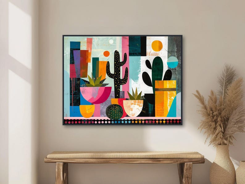 Mid-Century Cactus Art - Modern Western Still Life - Retro Desert Abstract Painting - Framed Canvas or Giclée Print - "RETRO FIESTA"